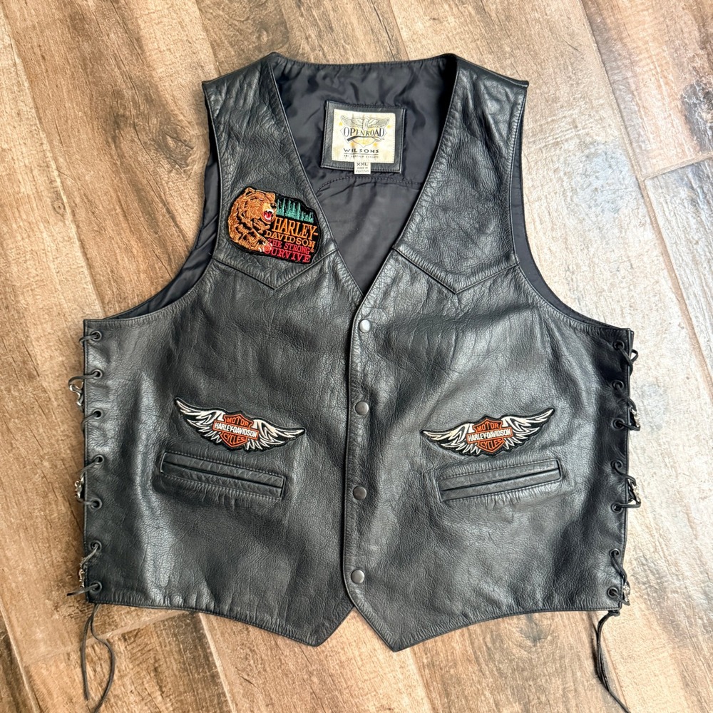 Wilsons Open Road Vintage Bikercore Harley Davidson Patch Leather Vest,Black,XXL